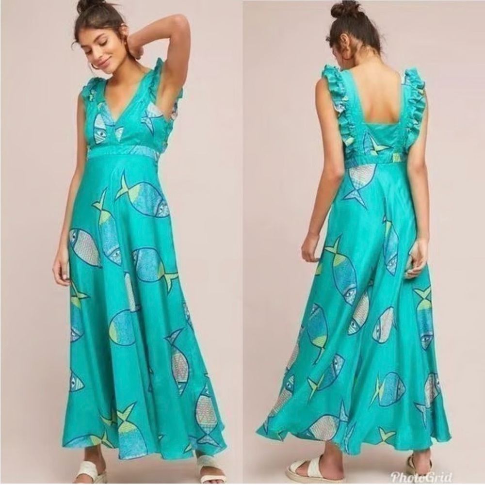 Anthropologie Anupamaa Turquoise Fish Pattern Maxi Dress